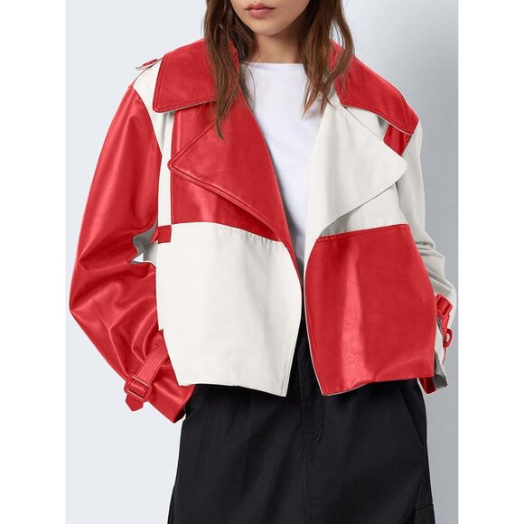 Womens Red Tankaneo Leather Cropped Jacket Oversized Color Block Motorcycle - Picture 3 of 6